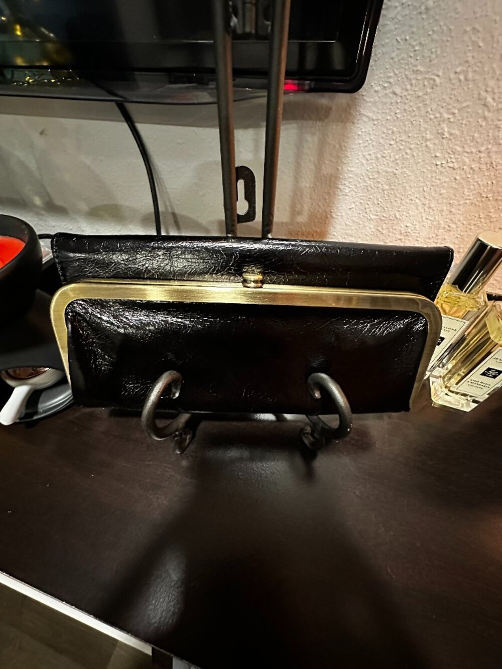 HOBO New Without Tag Black Patent Frame Clutch with Brass Trim